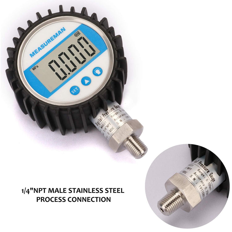 [Australia - AusPower] - MEASUREMAN 3-1/8" Dial Size, Digital Pressure Gauge, 0-3000psi/bar/Mpa, 1/4" NPT Lower Mount, 0.25% Accuracy 