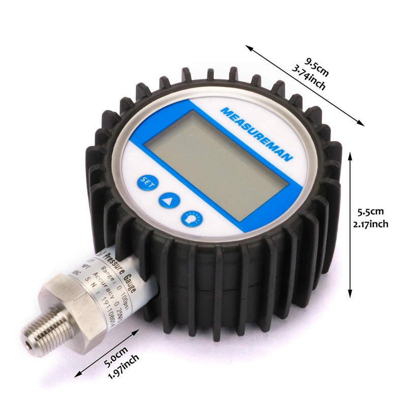 [Australia - AusPower] - MEASUREMAN 3-1/8" Dial Size, Digital Pressure Gauge, 0-3000psi/bar/Mpa, 1/4" NPT Lower Mount, 0.25% Accuracy 