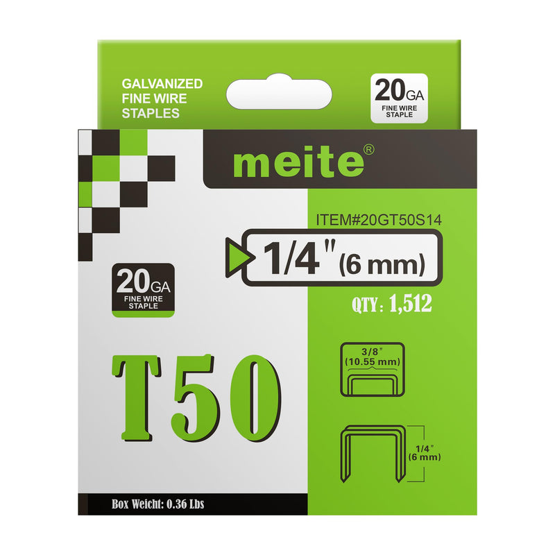 [Australia - AusPower] - meite T50 Staples, 1/4 Inch Heavy Duty Staples for Staple Gun, 20 Gauge 3/8 Inch Crown Galvanized Upholstery Staples Staple Gun Staples (1,512 Counts) 1 Pack (1,512 Counts) 
