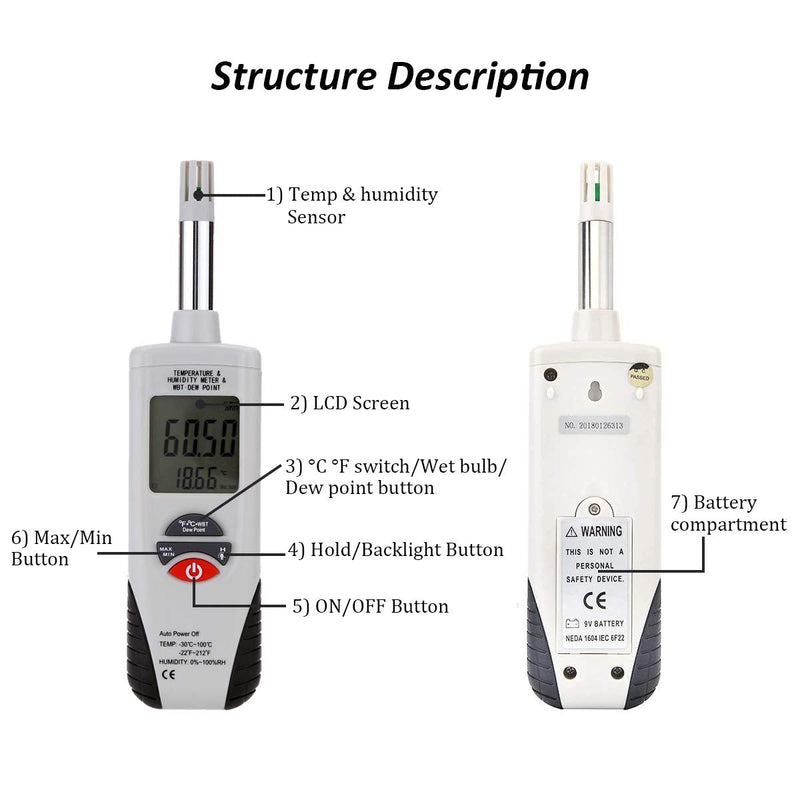 [Australia - AusPower] - Mengshen Digital Psychrometer - Handheld Backlight Temperature Humidity Meter Gauge with Dew Point and Wet Bulb Temperature - Battery Included, M350 