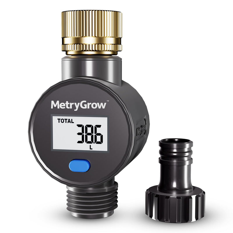 [Australia - AusPower] - Water Flow Meter with Brass Inlet, Measuring Gallon/Liter Consumption and Flow Rate for Outdoor Garden Hose Watering, RV Essentials Water Tank Filling, Sprinkler and Nozzle Sprayer (1 Pack) 