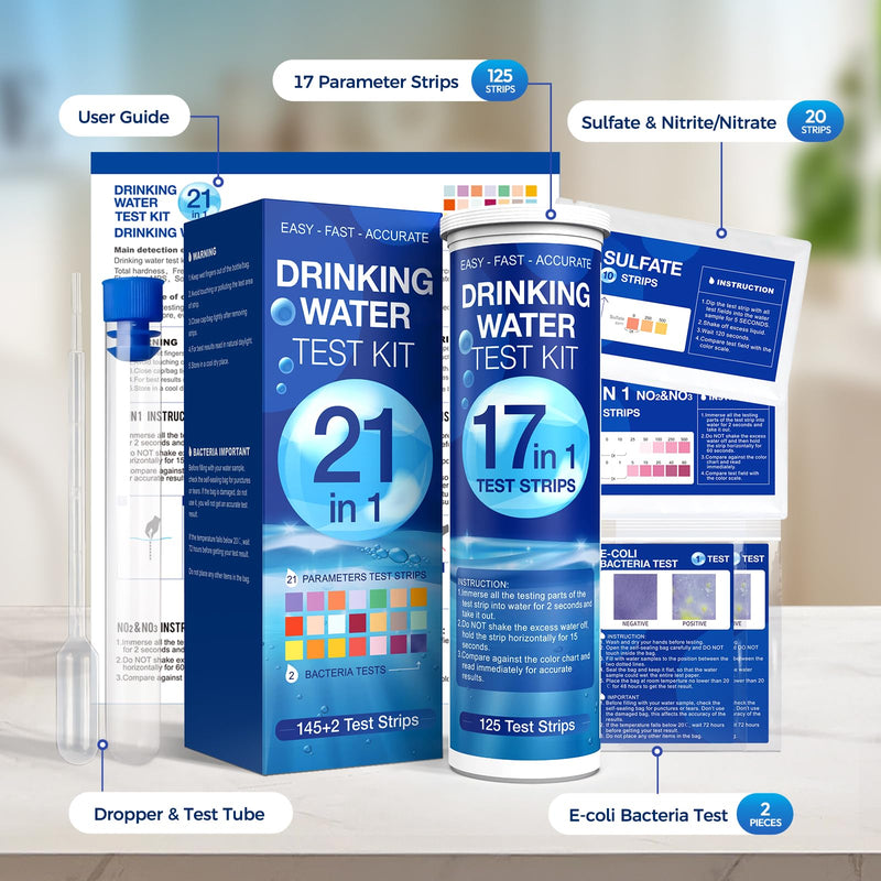 [Australia - AusPower] - 21 in 1 Drinking Water Testing Kit, 145 Test Strips - Mighty Care Home Tap and Well Water Test Kit for Hardness, Lead, Iron, Copper, Chlorine, Fluoride 21 in 1 Test Kits 