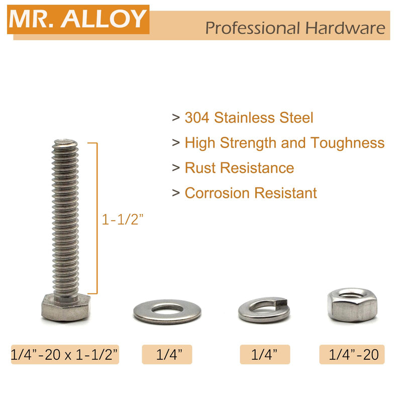[Australia - AusPower] - 1/4-20 Bolts, Nuts, and Washer Kit, 12 Sets, 304 Stainless Steel Hex Bolts w/Nuts, 1/4 Flat Washers and Lock Washers (1/4-20 x 1-1/2") 1/4-20 x 1 - 1/2" (12 Sets) 
