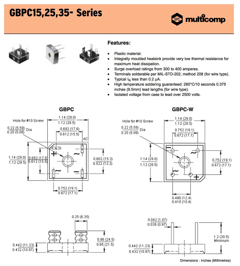 [Australia - AusPower] - (Pair) GBPC3504 - Bridge Rectifier Diode, Single, 400V, 35A, Module, 1.1 V, 4 Pins, PowerDrive 2 Charger, Mac Charger 