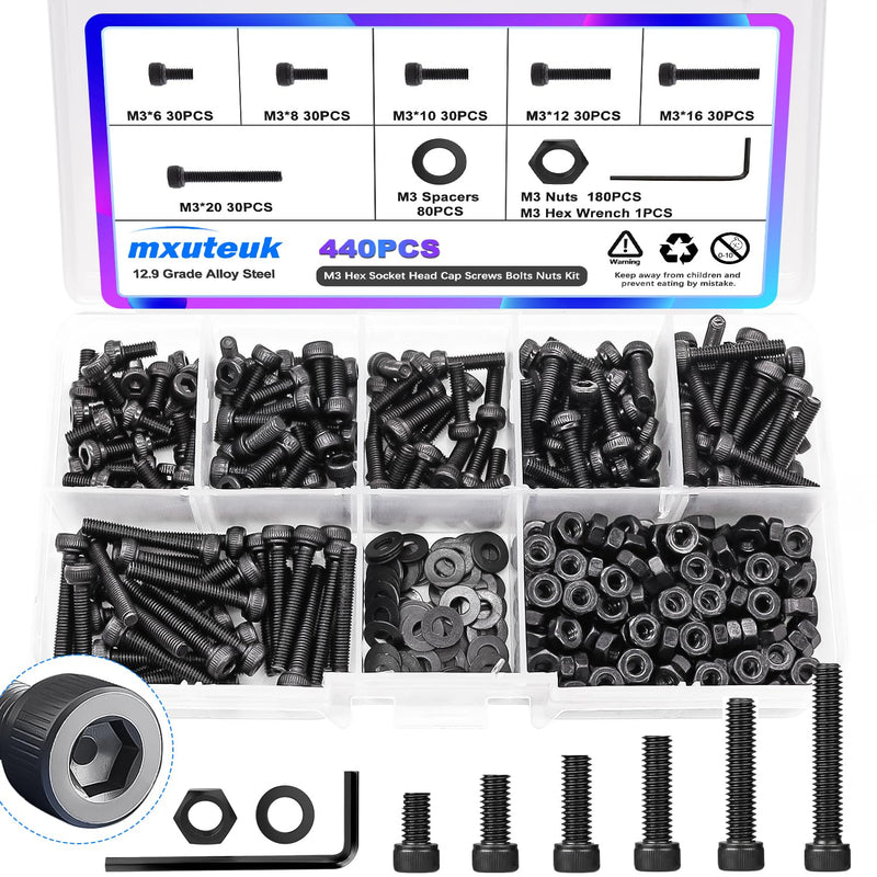 [Australia - AusPower] - mxuteuk M3 Screw Kit,M3 Screws Suitable for 3D Printer,12.9 Grade Alloy Steel M3 Bolts,M3 x 6/8/10/12/16/20mm Hex Socket Head Cap Screws Bolts Nuts Kit(440PCS) 