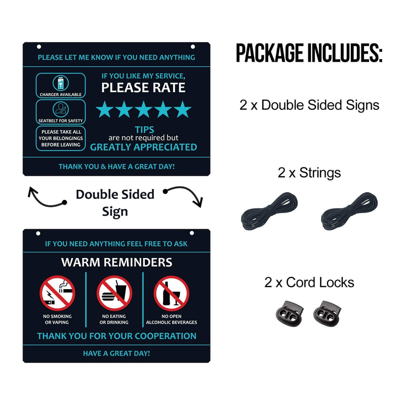 [Australia - AusPower] - Compatible with Lyft Uber (2-Pack) Tips Rating Appreciated Rideshare Accessories – 7” x 5” – Interior Acrylic Headrest Sign - Rate Me Tip No Smoking for 5 Star Rides for Ride-share Drivers Blue 