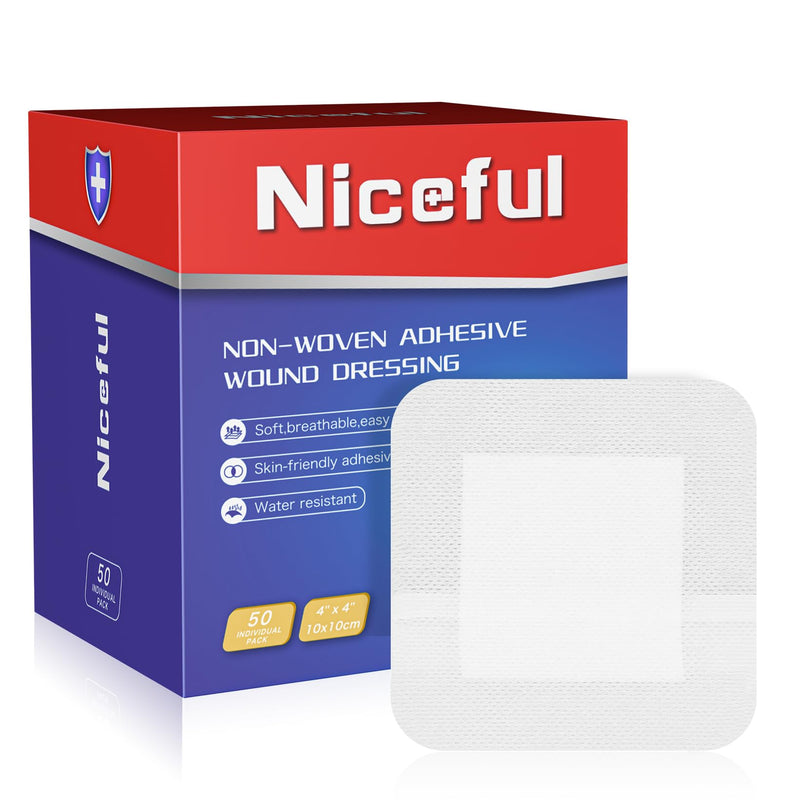 [Australia - AusPower] - 50Pcs Adhesive Gauze Island Dressing 4"x4", Water-Resistant Wound Dressing, Sterile & Absorbent Medical Grade Dressing Pad First Aid Dressing Pads 4"x4"(50 Dressing) 