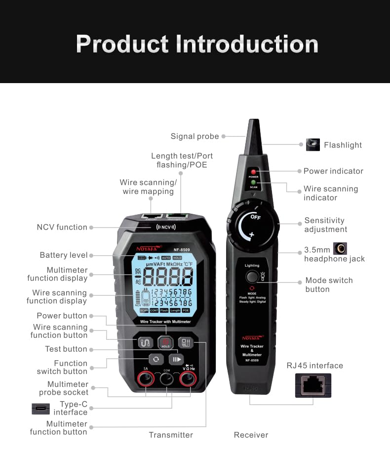 [Australia - AusPower] - NOYAFA Network Cable Tester with Multimeter, RJ45 CAT5/6 Ethernet Cable Tester, POE, Anti-Jamming TDR, Cable Toner NF-8509 