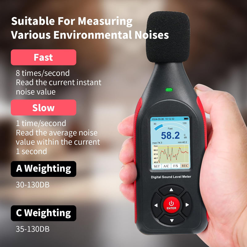 [Australia - AusPower] - OBEST Digital Portable Sound Level Meter with LCD Display, Decibel Meter, dB Meter 30 dB to 130 dB, Volume Meter, Noise Monitor with Alarm, Noise Meter Professional, Data Storage 