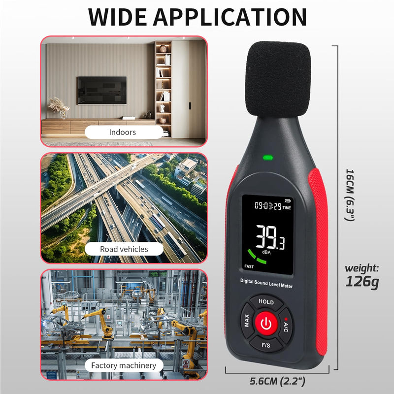 [Australia - AusPower] - OBEST Digital Portable Sound Level Meter with LCD Display, Decibel Meter, dB Meter 30 dB to 130 dB, Volume Meter, Noise Monitor with Alarm, Noise Meter Professional, Data Storage 