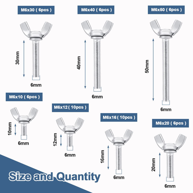 [Australia - AusPower] - OCR 50 Pcs Wing Screws Assortment Kit, 304 Stainless Steel Butterfly Thumb Screw, Metric M6 Wing Bolt Fasteners M6 x 10mm - M6 x 50mm 