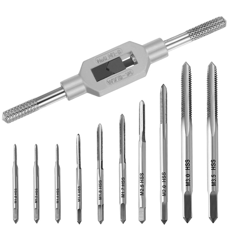 [Australia - AusPower] - 11 Piece Metric Tap Set, M1-M3.5 HSS Metric Thread Machine Tap Set, Mini Hand Tap Set with Adjustable Tap Wrench, Screw Tap Set for Wood, Plastic, Metal 11 Pieces. 