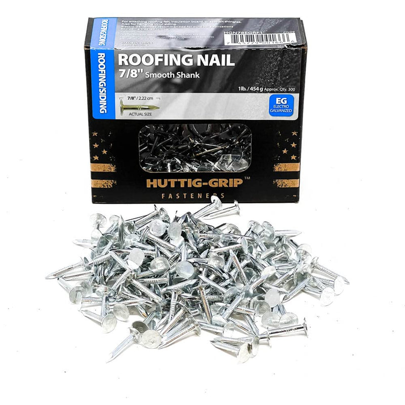 [Australia - AusPower] - Huttig-Grip Roofing Nail 7/8 inches Smooth Shank, Electro Galvanized Finish, 11 Gauge, 3/8 inches Round Head HGN78EGRF1-1 lb Pack of 300 Nails 7/8" Roofing - 1 lb Pack 