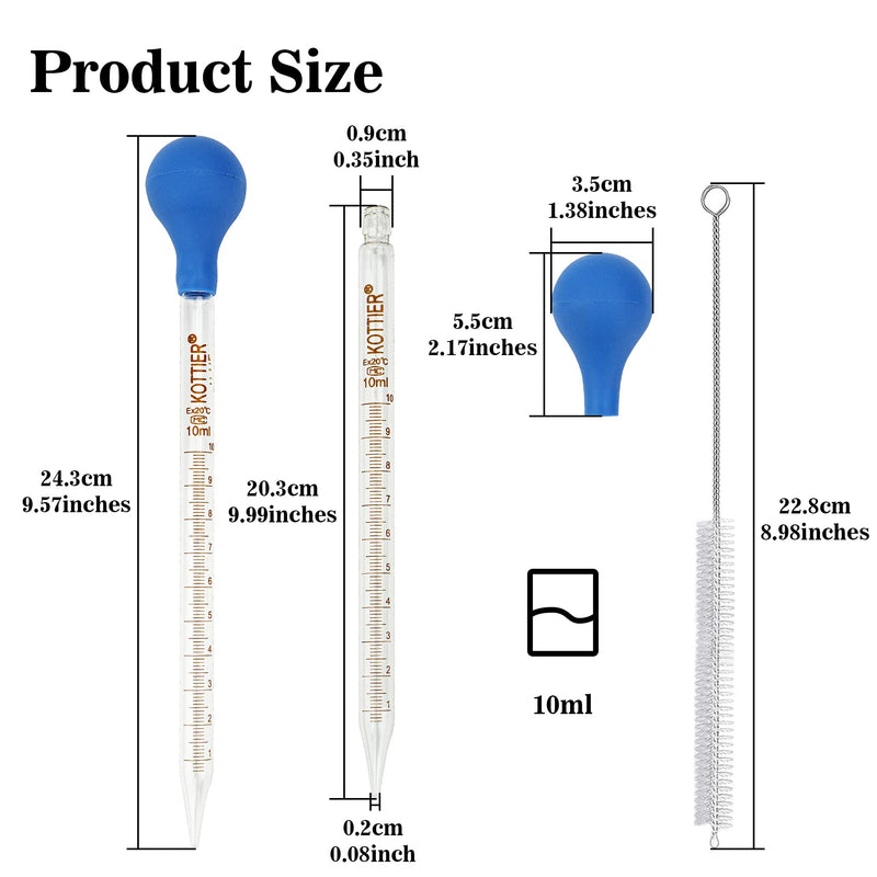 [Australia - AusPower] - 3Pcs Glass Pipettes Dropper, 10ml Graduated Liquid Dropper with Rubber Bulb and Cleaning Brush, Transfer Pipettes for Essential Oil 
