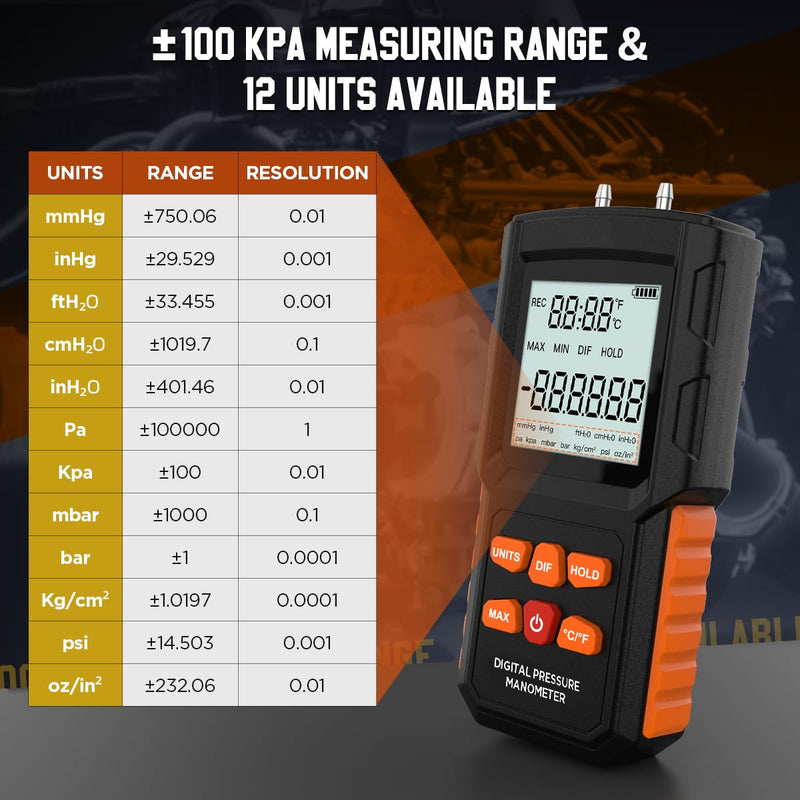 [Australia - AusPower] - Manometer, ±100 KPa Digital Manometer HVAC 12 Units Gas Pressure Tester ± 0.15% FSO Accuracy Updated Manometer with More Accessories 