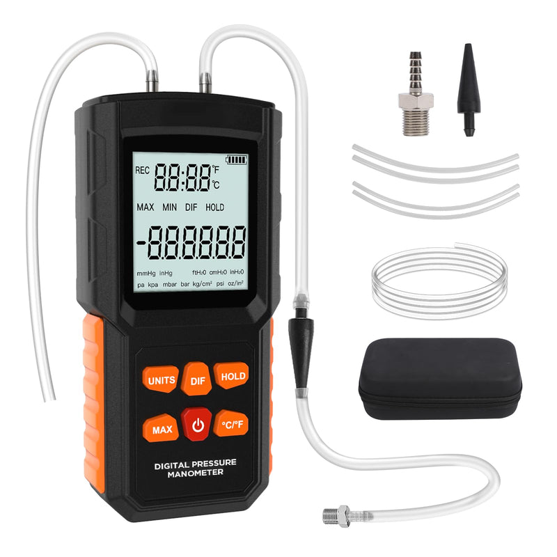 [Australia - AusPower] - Manometer, ±100 KPa Digital Manometer HVAC 12 Units Gas Pressure Tester ± 0.15% FSO Accuracy Updated Manometer with More Accessories 