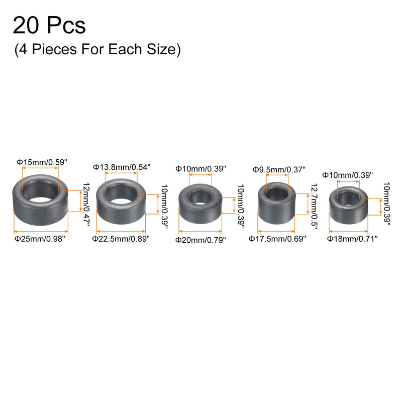[Australia - AusPower] - PATIKIL Ferrite Toroid Cores Set 17.5x12.7x9.5mm 18x10x10mm 20x10x10mm 22.5x10x13.8mm 25x12x15mm, 20 Pack Transformer Inductor Coil Ring, Black 