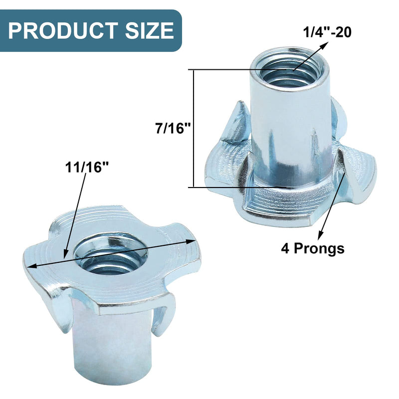 [Australia - AusPower] - 50 Pack 1/4"-20 T-Nuts, Four Pronged Tee Nut for Wood, Rock, Climbing Holds, Cabinetry (1/4"-20 x 9/16") 1/4"-20 x 9/16" 