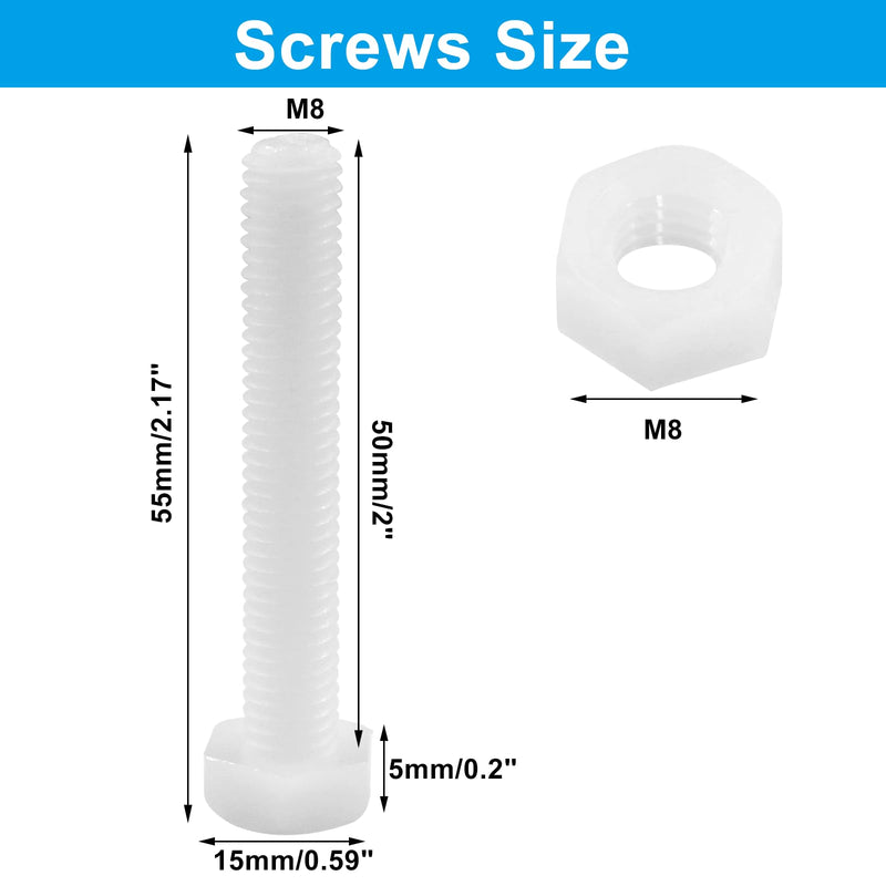 [Australia - AusPower] - 20 Pair M8x50mm White Nylon Hex Bolts Plastic Hex Nuts Full Thread Hex Head Screws and Nuts Set 
