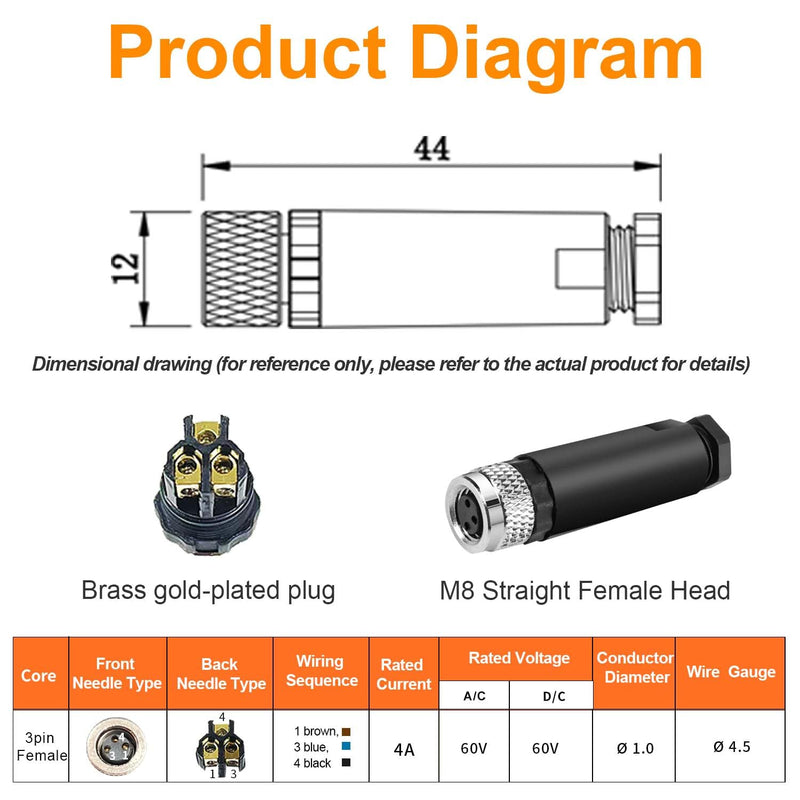 [Australia - AusPower] - 10 Pcs M8 3-Pin Aviation Connector Female, Industrial A Coding Field Assembly Plug 8mm IP67 Waterproof for Circular Socket Panel Sensor 3 Pins M8 Straight Female 