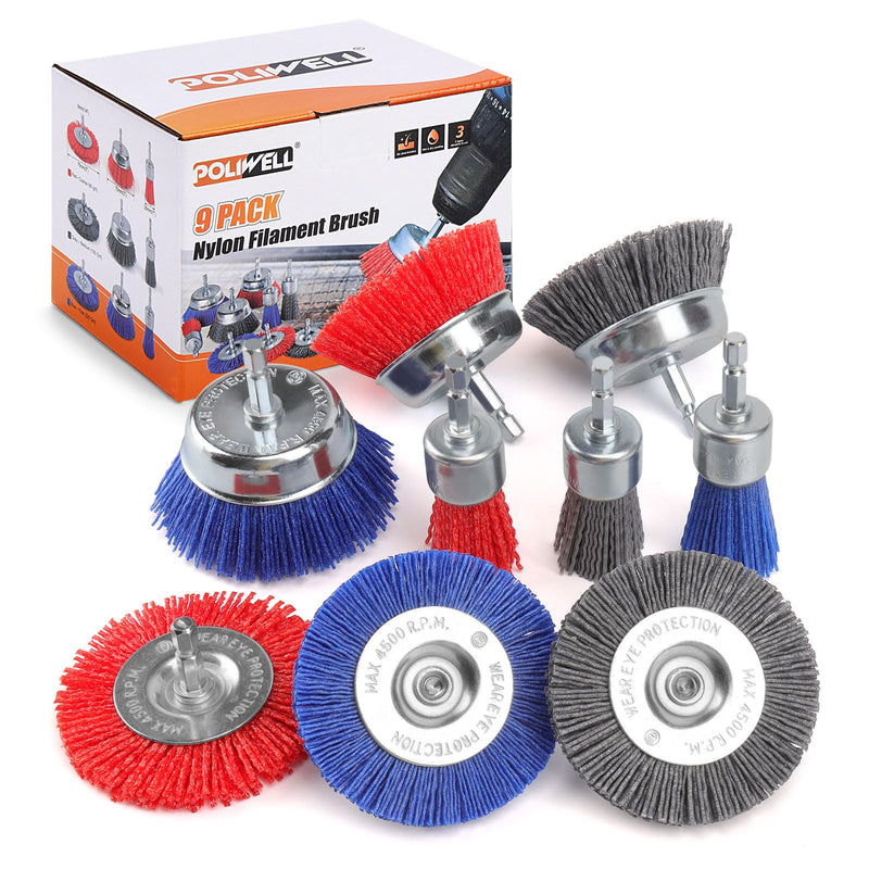 [Australia - AusPower] - POLIWELL Nylon Filament Brush 9 Pack, Abrasive Wire Brush Wheel & Cup Brush Set, Drill Bit Sanding Brush with 1/4” Hex Shank for Steel Rust Removing, Grill Cleaning, Flaking Paint Refinishing 