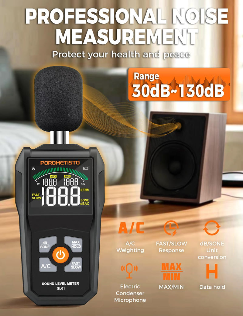 [Australia - AusPower] - Decibel Meter, POROMETISTO SL01 Digital Sound Level Meter, 30-130dB SPL Meter with A/C Weighting, Data Hold, MAX/MIN – Noise Detector for Home, Factory, Noisy Neighbors (Black) 