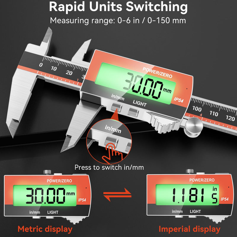 [Australia - AusPower] - Preciva Digital Vernier Caliper (Rechargeable) 150mm Digital Caliper Stainless Steel Electronic Vernier Caliper LCD Display for Industrial, Electrical, Crafter, Automotive Applications 