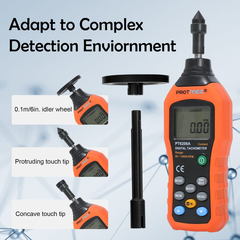 [Australia - AusPower] - PT6208A Digital Contact Tachometer, Contact Measurement Speed Tach Meter, 50-19999RPM Speed Meter, Contact Tach RPM Meter with 100 Groups Data Logging, Data Hold, Max/Min/AVG, Backlight 