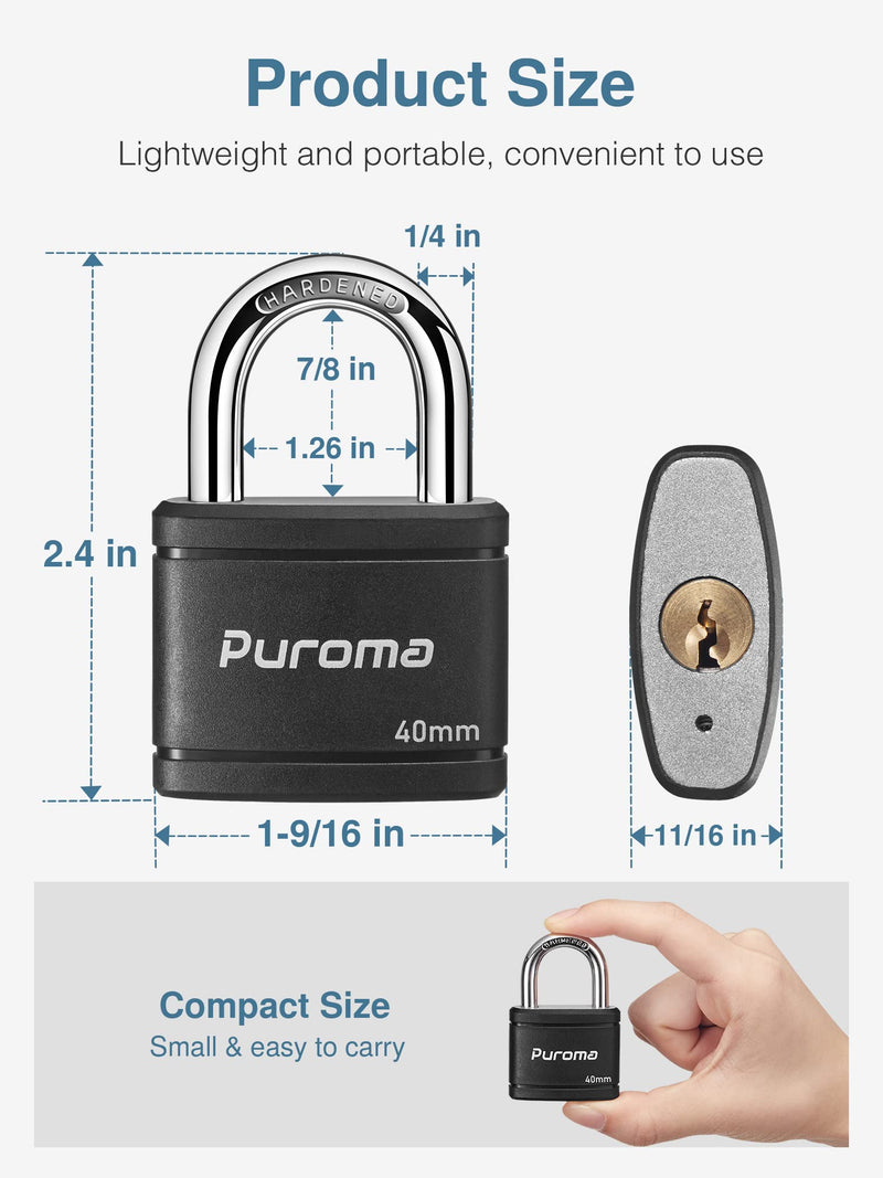 [Australia - AusPower] - Puroma 2 Pack Keyed Padlock with 3 Keys, 1.1 Inch Locker Lock 40mm Heavy-Duty Locks for Gate Fence Hasp Cabinet Toolbox School Gym Locker (Black) Black 