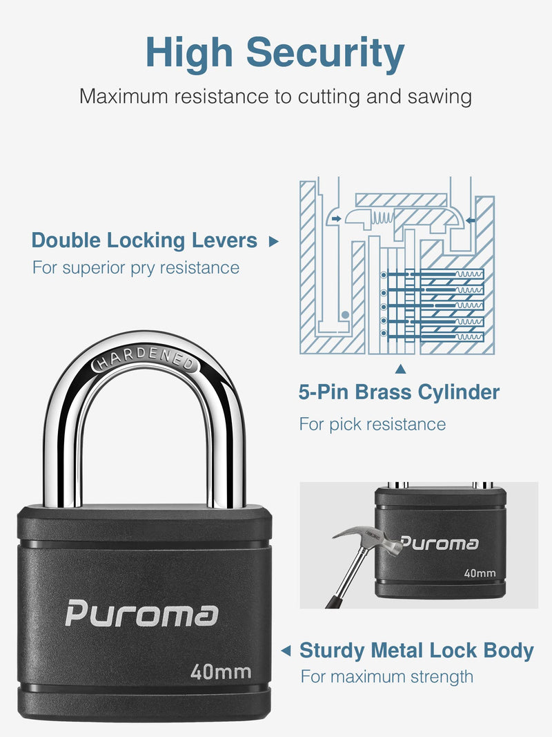 [Australia - AusPower] - Puroma 2 Pack Keyed Padlock with 3 Keys, 1.1 Inch Locker Lock 40mm Heavy-Duty Locks for Gate Fence Hasp Cabinet Toolbox School Gym Locker (Black) Black 
