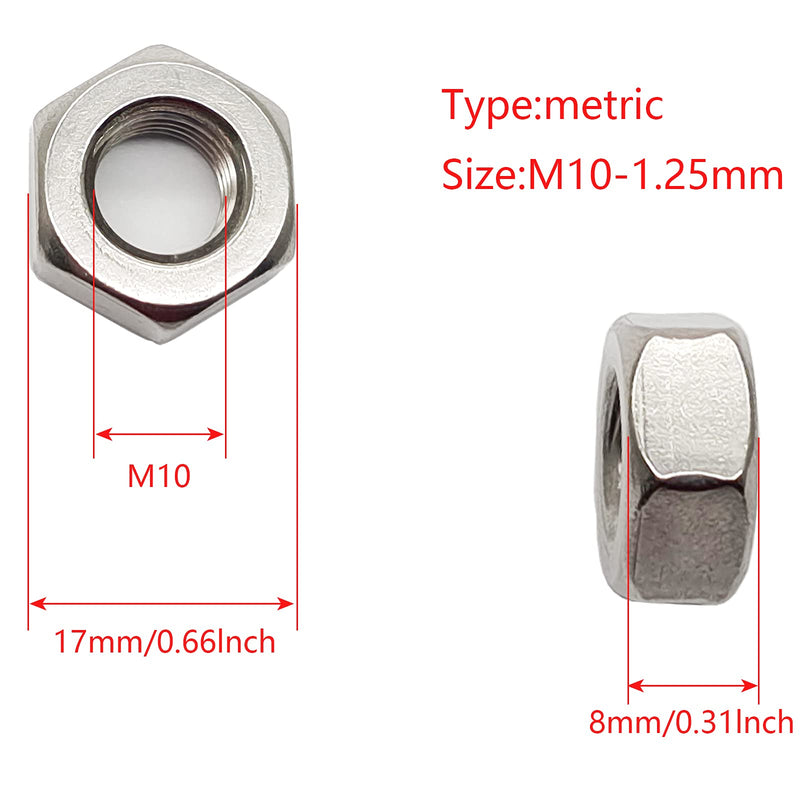 [Australia - AusPower] - 10pcs M10 x 1.25mm Pitch Hex Nuts Stainless Hex Nu, Metric Fine Thread Hex Nuts M10-1.25mm 