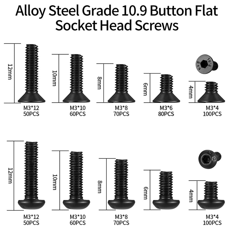 [Australia - AusPower] - 720 Pcs M3 Hex Socket Cap Bolts Screws Assortment Kit, Pan Head & Flat Head Hex Button Head Screws Assorted Black Alloy Steel, M3x(4mm/6mm/8mm/10mm/12mm) (Black) 