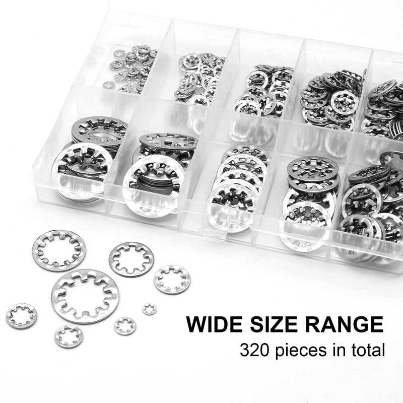 [Australia - AusPower] - QTEATAK 320Pcs Lock Washers 304 Stainless Steel Internal Star Washer, 8 Sizes Tooth Washer Wave Spring Washer Assortment Kit M2.5 M3 M4 M5 M6 M8 M10 M12, Silver 