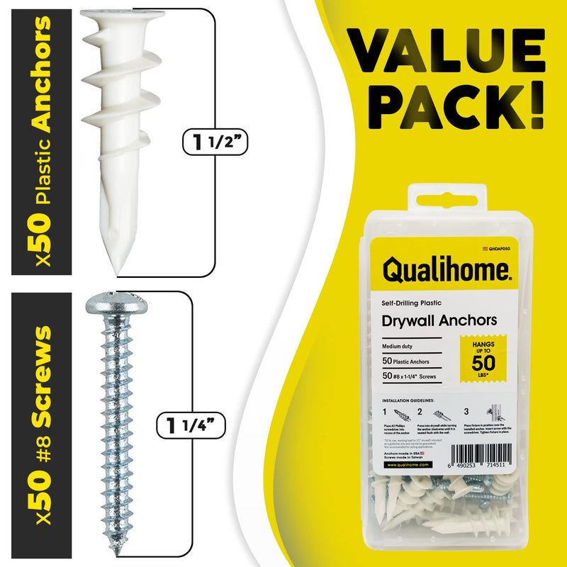 [Australia - AusPower] - Qualihome Heavy Duty Plastic Self Drilling Drywall Anchors and Screws Kit | Includes 50 Drywall Anchors, 50#8 1-1/4 Inch Screws & Reusable Storage Case 50 Pack 