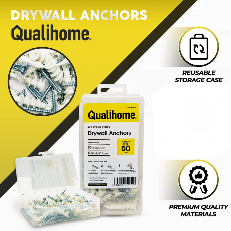 [Australia - AusPower] - Qualihome Heavy Duty Plastic Self Drilling Drywall Anchors and Screws Kit | Includes 50 Drywall Anchors, 50#8 1-1/4 Inch Screws & Reusable Storage Case 50 Pack 