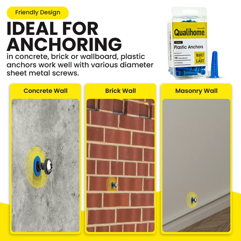 [Australia - AusPower] - Plastic Wall Conical Anchors for use in Drywall, Hollow Walls and Concrete, Brick, or Masonry 10-12 X 1-Inch, 100-Pack 1 Inch 