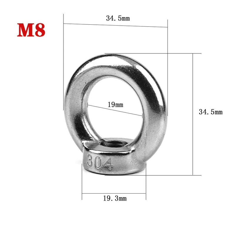 [Australia - AusPower] - Lifting Eye Nut M8-1.25mm Pitch Female Thread 304 Stainless Steel Round Shape for Rope Fitting Pack of 5 M8,5-Pack 