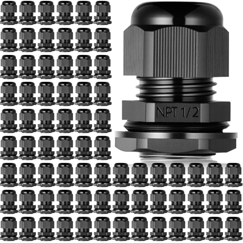 [Australia - AusPower] - 50 Pcs 1/2" NPT Black Nylon Cable Gland, Waterproof IP68 Adjustable Locknut for 6-12mm Cable Diameter Waterproof Connectors Black Cord Grip 50 