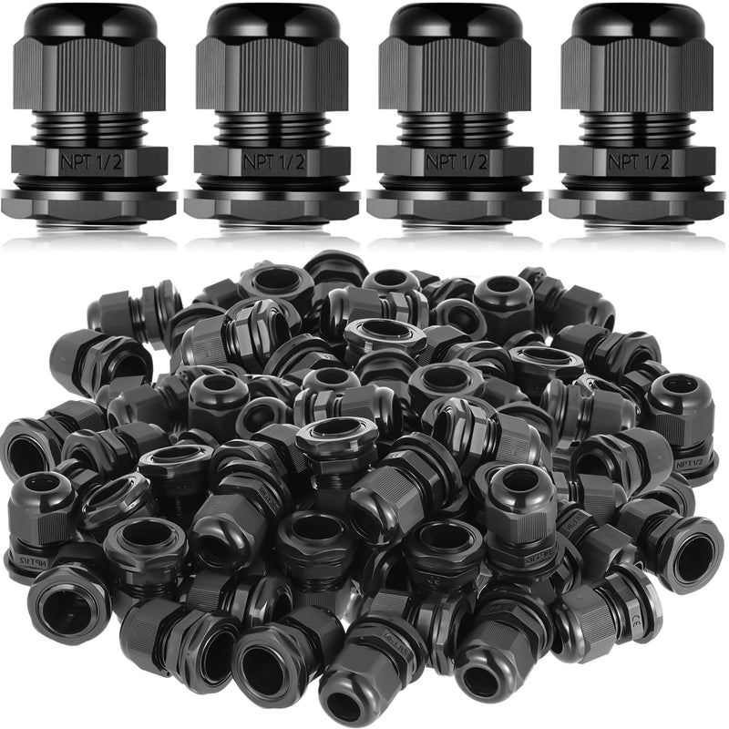 [Australia - AusPower] - 50 Pcs 1/2" NPT Black Nylon Cable Gland, Waterproof IP68 Adjustable Locknut for 6-12mm Cable Diameter Waterproof Connectors Black Cord Grip 50 