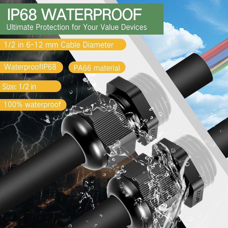 [Australia - AusPower] - 50 Pcs 1/2" NPT Black Nylon Cable Gland, Waterproof IP68 Adjustable Locknut for 6-12mm Cable Diameter Waterproof Connectors Black Cord Grip 50 