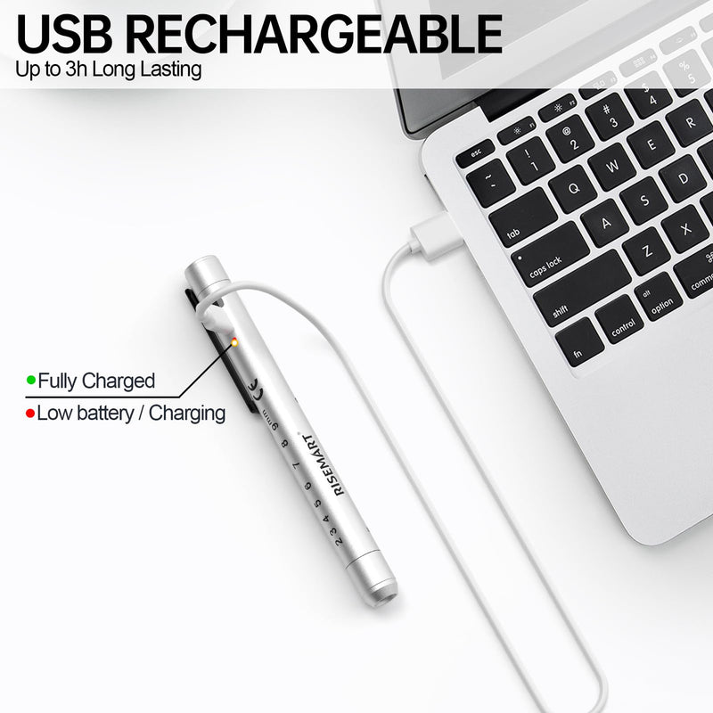 [Australia - AusPower] - RISEMART Rechargeable Pen Light for Nurse, Rechargeable LED Portable Medical PenLight for Nurse, Doctor, First Aid, EMT, Nursing,Nursing Student,Warm/Cool White Silver1 
