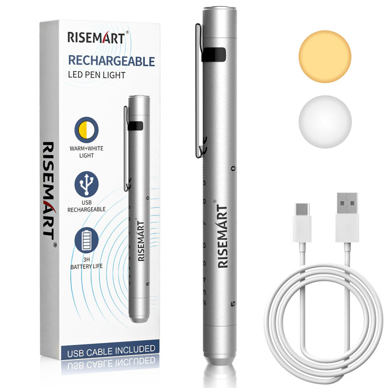 [Australia - AusPower] - RISEMART Rechargeable Pen Light for Nurse, Rechargeable LED Portable Medical PenLight for Nurse, Doctor, First Aid, EMT, Nursing,Nursing Student,Warm/Cool White Silver1 