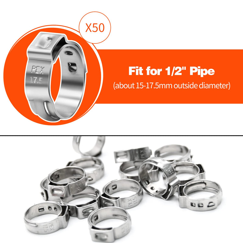 [Australia - AusPower] - 50/100/150/200 Pack PEX Cinch Clamps, 1/2" Clamps, Stainless Steel Single Ear Hose Clamps (1/2", 50 Pack) 1/2" × 50 