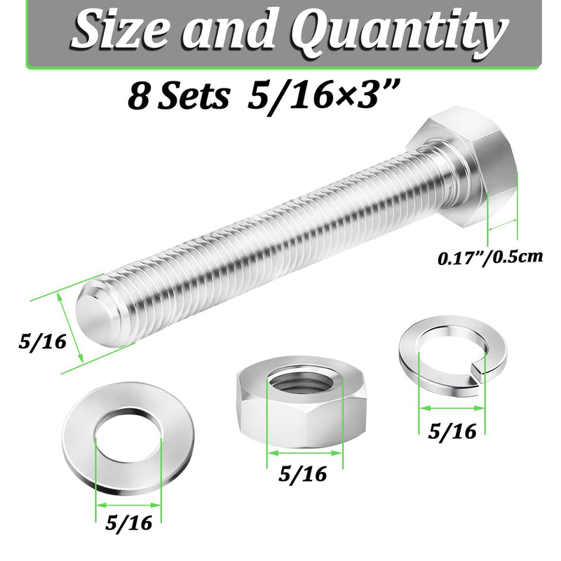 [Australia - AusPower] - 5/16-18x3" (8 Sets?Hex Head Stainless Steel Bolts and nuts 5/16 Flat washers 5/16 Nuts 5/16 Split Lock Washers 18-8(304) Full Thread 5/16-18x3" (8 Sets? 