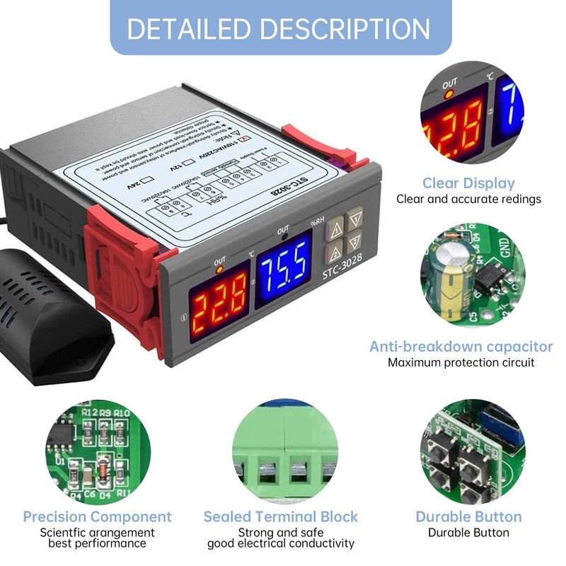 [Australia - AusPower] - RUIZHI STC-3028 Digital Temperature Humidity Controller Thermostat with Temperature Humidity Sensor Probe 10A Heating Cooling Humidifier Humidifier (110-220V) 