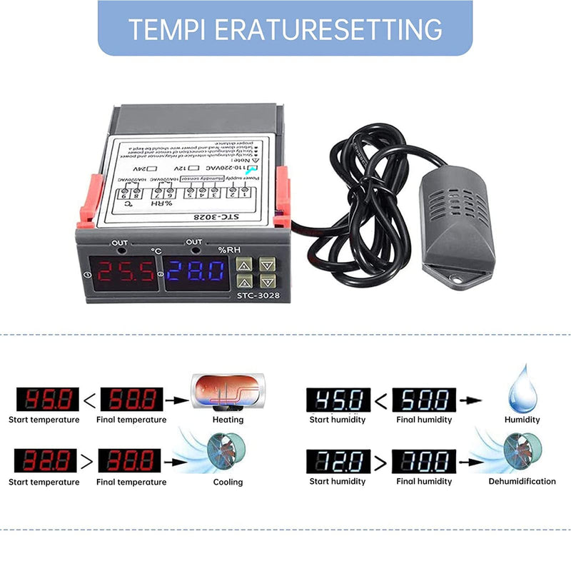 [Australia - AusPower] - RUIZHI STC-3028 Digital Temperature Humidity Controller Thermostat with Temperature Humidity Sensor Probe 10A Heating Cooling Humidifier Humidifier (110-220V) 