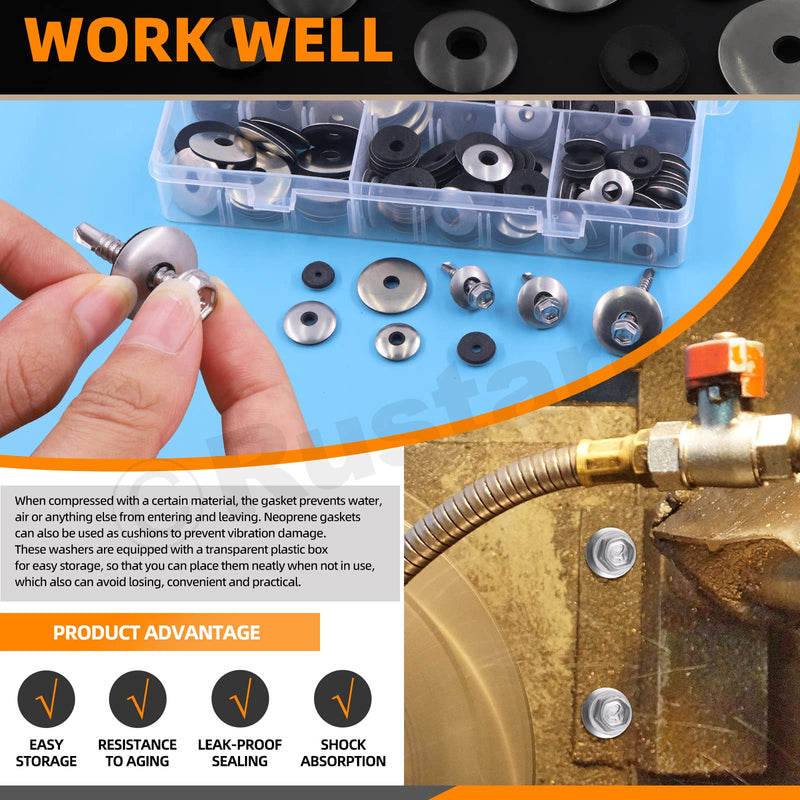 [Australia - AusPower] - 350Pcs 8 Sizes #8#10#12#14 304 Stainless Steel Neoprene Sealing Washers Metal Bonded EPDM Rubber Washers Gasket Assortment Kit 350 