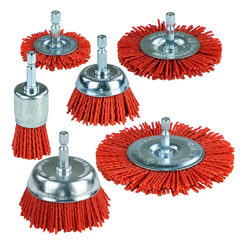 [Australia - AusPower] - SALI 6 Pack Nylon Filament Abrasive Wire Brush Wheel & Cup Brush Set with 1/4 Inch Hex Shank, 6 Sizes Nylon Drill Brush Set for Removal of Rust Corrosion Paint 