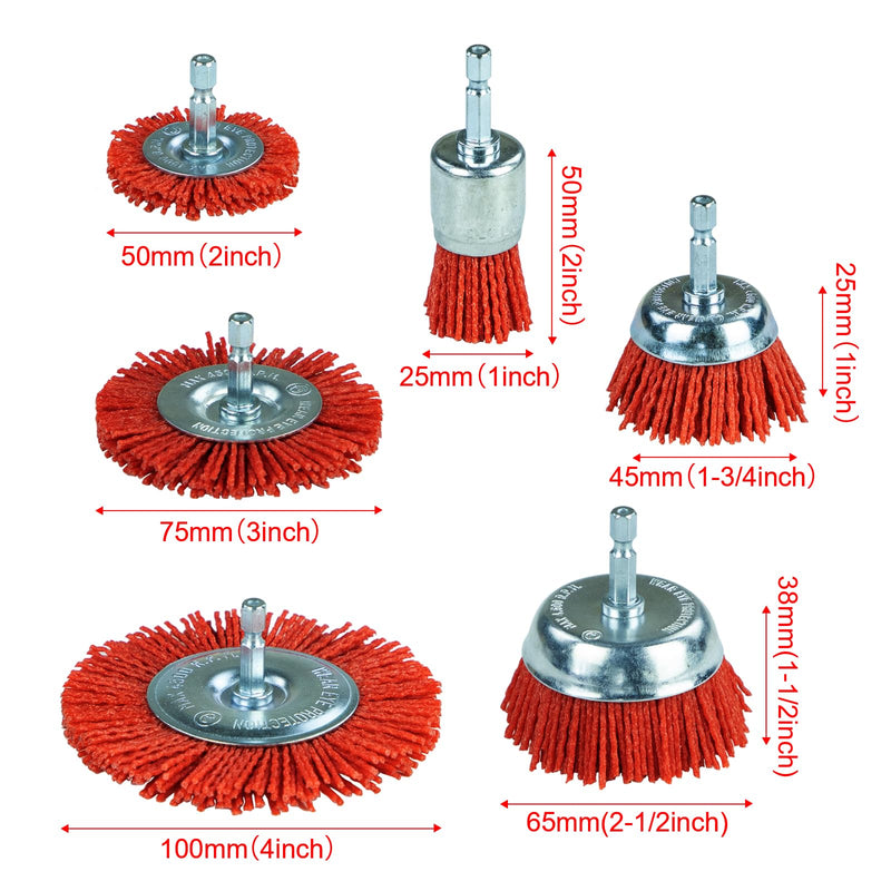 [Australia - AusPower] - SALI 6 Pack Nylon Filament Abrasive Wire Brush Wheel & Cup Brush Set with 1/4 Inch Hex Shank, 6 Sizes Nylon Drill Brush Set for Removal of Rust Corrosion Paint 