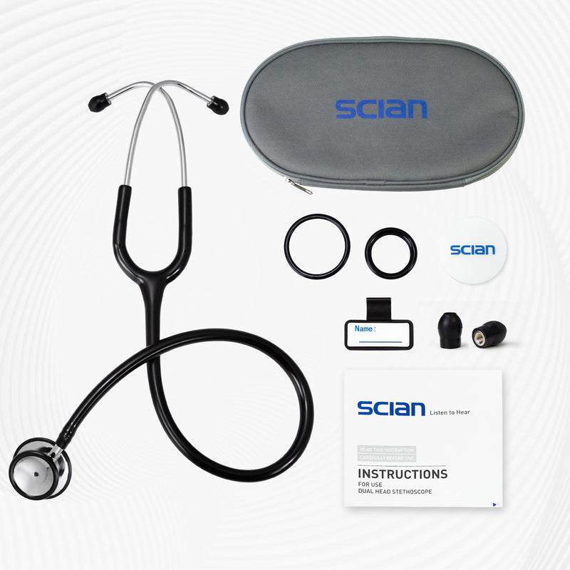 [Australia - AusPower] - SCIAN Dual Head Stethoscope for Nurses, Doctors, Medical Students, Home Use, Classic Stainless Steel Cardiology Stethoscope with Accessories and Carry Bag, Black Tube 